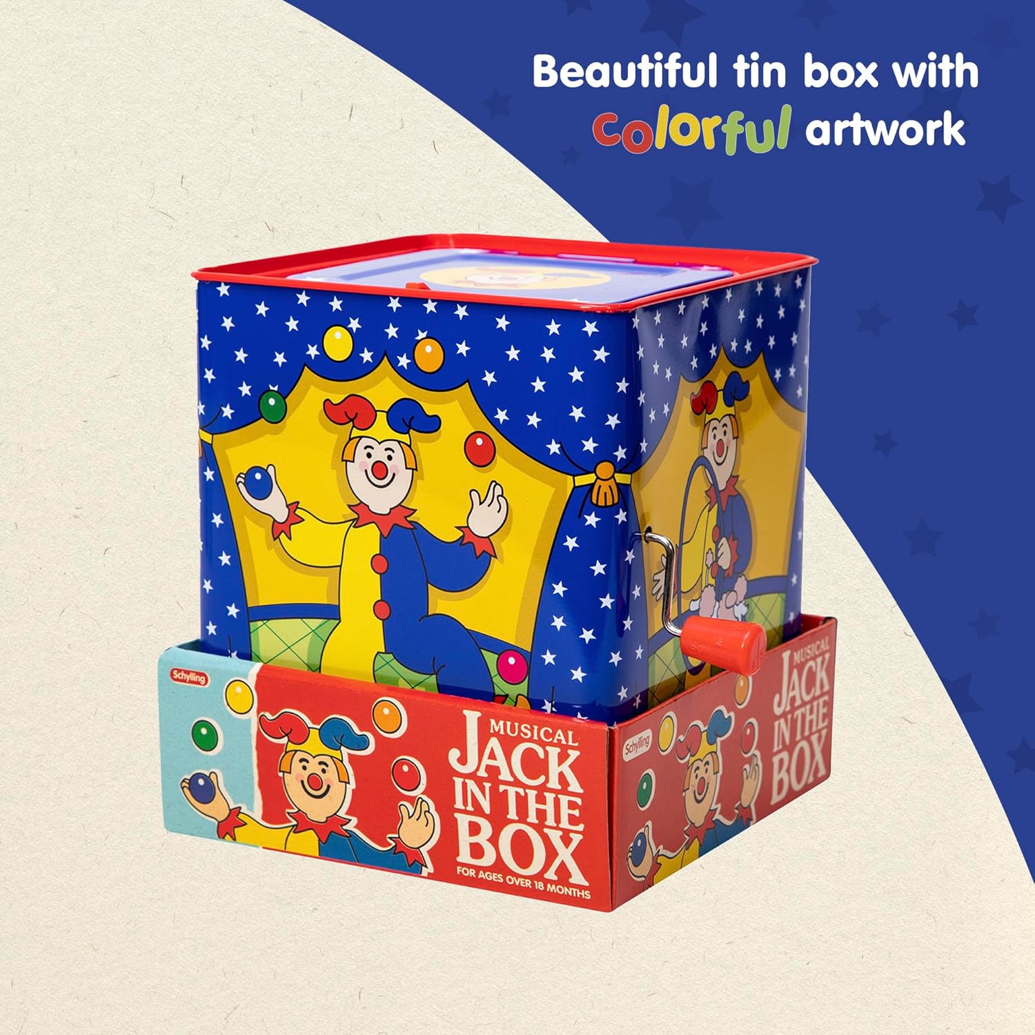 Schylling Jester Jack in the Box - Classic Children-s Musical Toy - Colorful and Durable Tin Box with Silly Jester Plush - Age 18 months and Up - Image 5